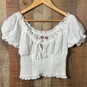 Smocked Puff Sleeve Cottagecore Small Crop Top White Peasant Urban Outfitters